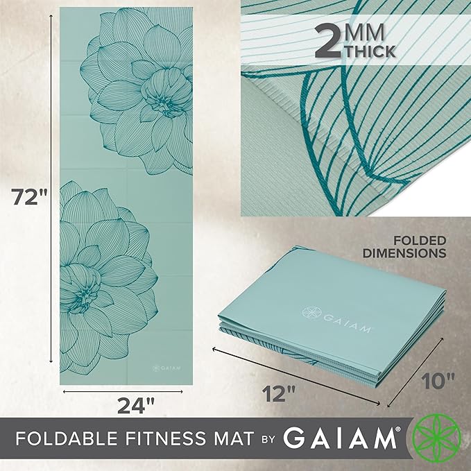 Gaiam Yoga Mat - Folding Travel Fitness & Exercise Mat - Foldable Yoga Mat for All Types of Yoga, Pilates & Floor Workouts (68"L x 24"W x 2mm Thick)-FlexoryFit