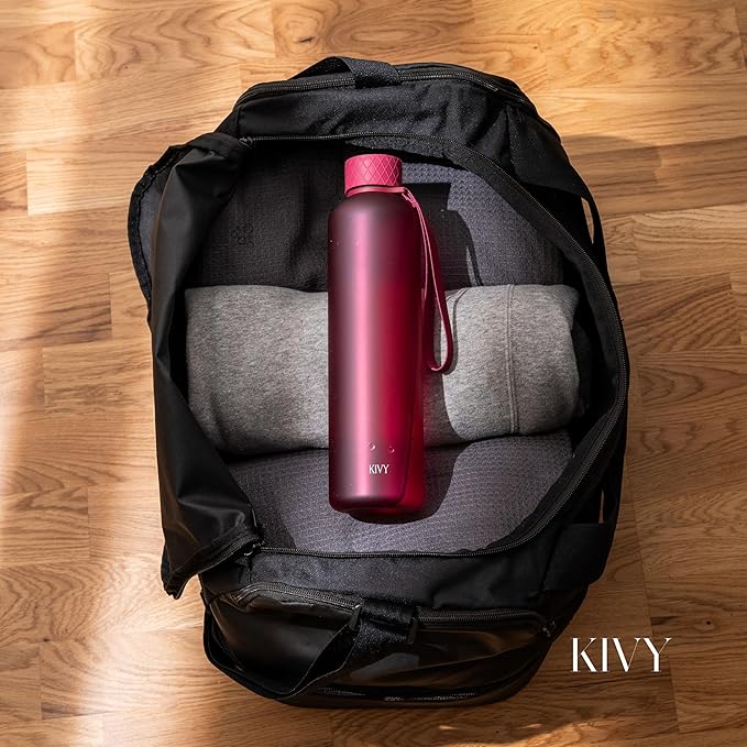 KIVY Slim Water Bottle 32oz [Lightweight & Shatterproof] Fits Backpack & Cupholder for Travel, Sports, School, Gym - Frosted red bottle no straw - Gym water bottle screw top - Dishwasher Safe-FlexoryFit