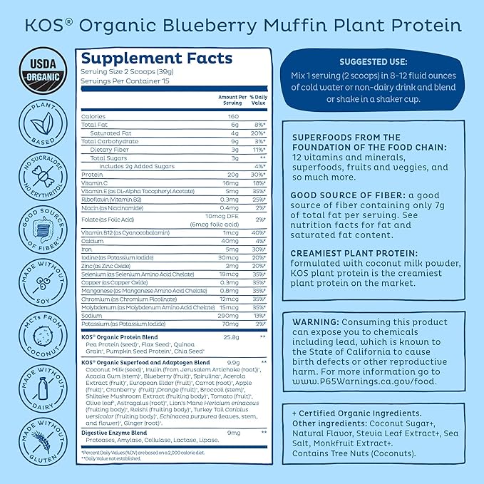 KOS Plant Based Protein Powder, Blueberry Muffin - Organic Pea Protein Superfood with Spirulina and Immune Support Blend. Soy, Gluten, Dairy Free - Vegan Meal Replacement for Women & Men - 15 Servings-FlexoryFit