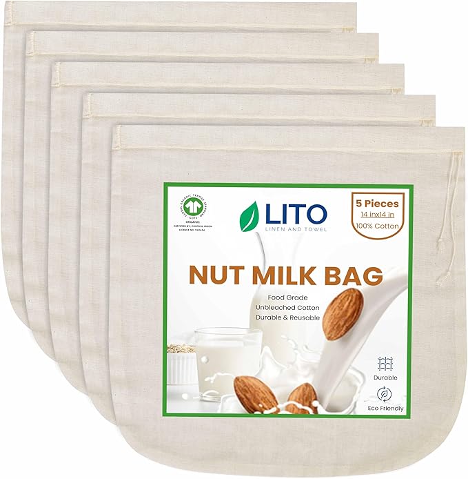Nut Milk Bag| Cheesecloth Bags| Commercial Grade Reusable| Almond Milk Multi Purpose Strainer| Cloth Bags for Tea/Yogurt/Juice/Wine/Soup/Herbs| Washable 100% Unbleached Cotton| 5 Pieces Big 14"X 14"