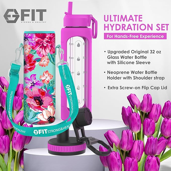 FIT Strong & Healthy 32 oz Glass Water Bottle with Straw Lid, Time Marker, Sleeve & Extra Lid - Motivational, Wide Mouth 1 Liter Glass Drinking Bottle