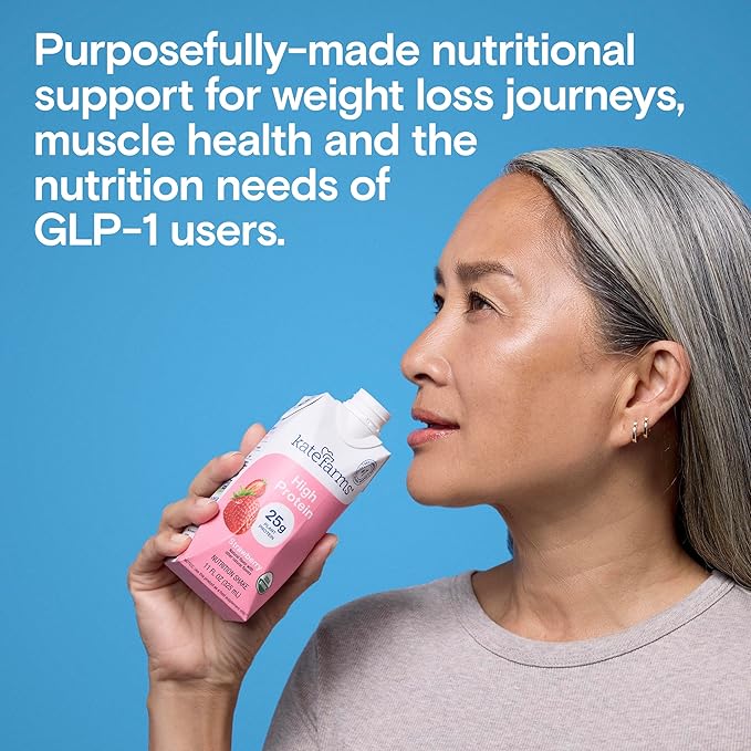 KATE FARMS Organic High Protein Strawberry Nutrition Shake, 25g Protein, 6g Fiber, 27 Vitamins and Minerals, 0g Sugar, Protein Drink, 11 oz (12 Pack)-FlexoryFit