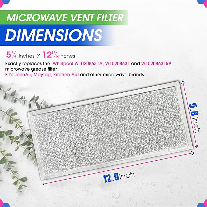 Microwave Filter Replacement 5.78" x 12.91" Fits W10208631A Whirlpool Microwave Filter - Aluminum Mesh Screen Grease Filters - Freshens and Filters Kitchen Air in Over the Range Oven Vent Fan (2-Pack)