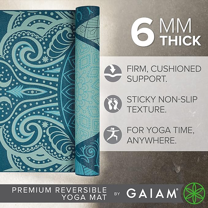 Gaiam Yoga Mat - Premium 6mm Print Reversible Extra Thick Non Slip Exercise & Fitness Mat for All Types of Yoga, Pilates & Floor Workouts (68" x 24" x 6mm Thick)-FlexoryFit