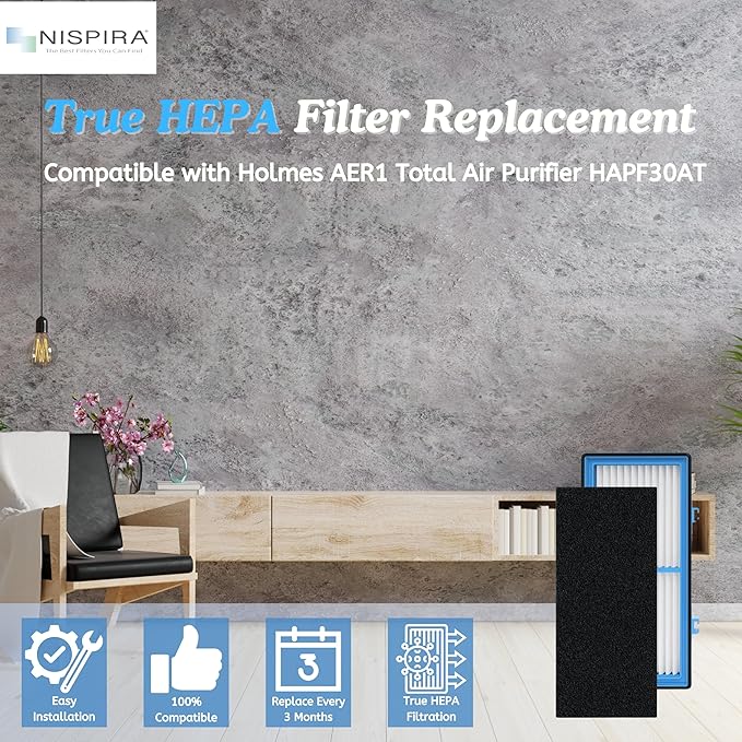 Nispira AER1 Filter Replacement for Holmes Air Purifier HAPF30AT HAP242-NUC, Odors Dust VOCs Remover, Total Air 2 True HEPA 4 Carbon Booster, 1.2 x 10 x 4.6 Inches
