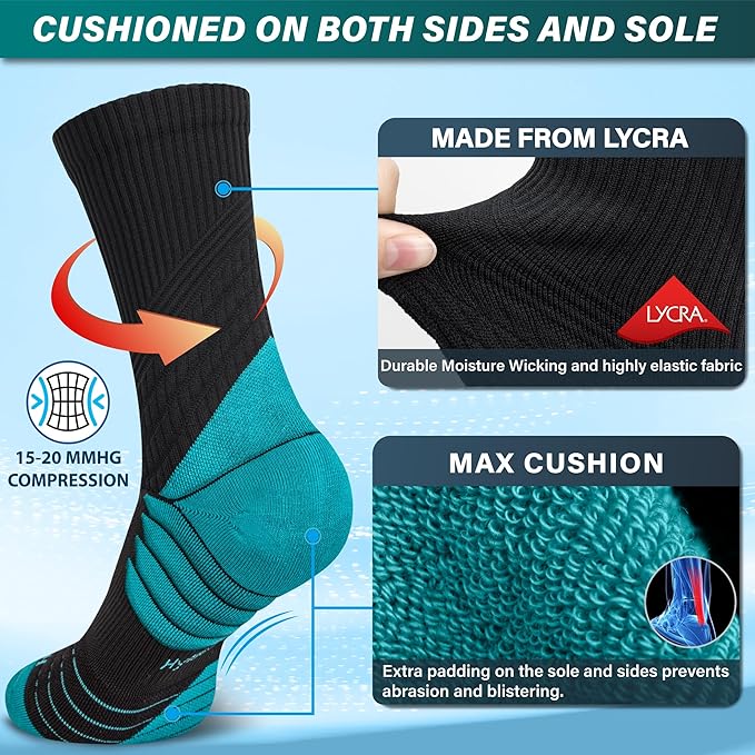 Hylaea Compression Running Socks for men, Coolmax Anti-Blister Cushion Crew Socks for Athletic, Moisture Wicking & Seamless-FlexoryFit
