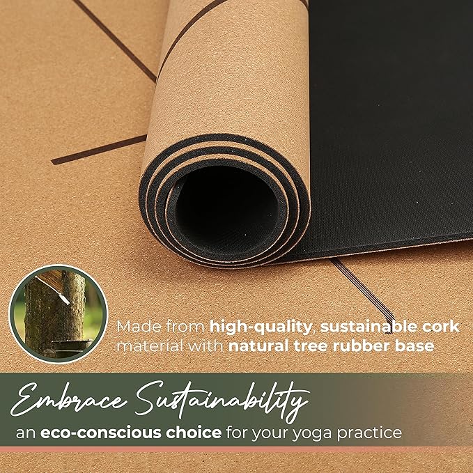 Premium Yoga Cork Mat | 5mm Thick Natural Tree Rubber Base and Bigger Mat for Extra Support, Alignment lines for Guidance | Non-Slip, Natural & Eco-friendly, Your Ultimate Eco-Friendly Yoga Companion-FlexoryFit