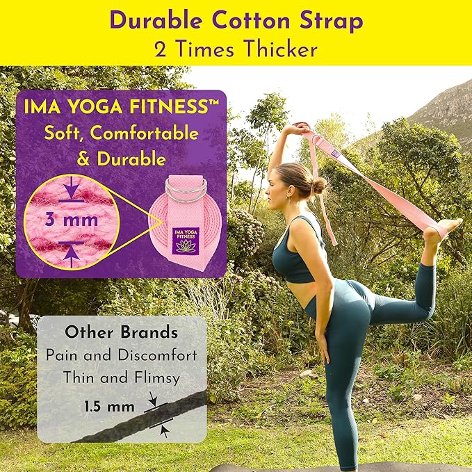 Adaptive Yoga Strap, Stretching Strap, 2 Inches Wide, 100% Naturally Soft Cotton, Steel D-Rings, Includes Natural Cotton Drawstring Storage Pouch and Instructional E-Book-FlexoryFit