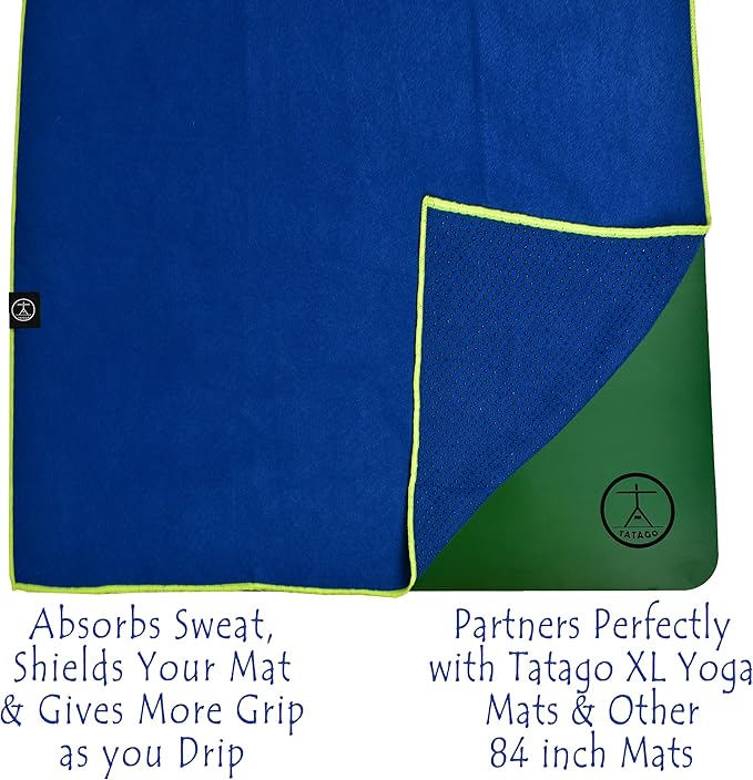 Tatago Hot Yoga Mat Towel Non Slip for Hot Yoga (72-84 inch Mats) Our Hot Yoga Towel Non Slip Silicone Dabs & Absorbent Microfiber Blend Gives You More Grip As You Drip! (Azuloro, XL - 84")-FlexoryFit