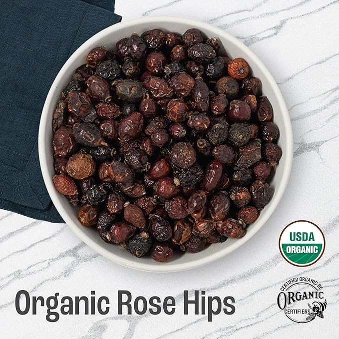 J MAC BOTANICALS Organic Rose Hips (8 oz Bag) Whole, natural organic dried rose hips for herbal tea, rosehips dried organic, rosehip tea, packaged in the USA-FlexoryFit