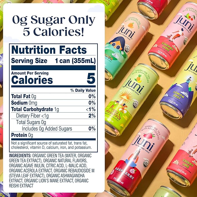 Juni Sparkling Adaptogen Drink with Ashwagandha, Lion’s Mane & Reishi Mushrooms | Green Tea for Focus, Zero Sugar, 5 Calories, Organic | Non Alcoholic Drinks - Raspberry 12 pack-FlexoryFit