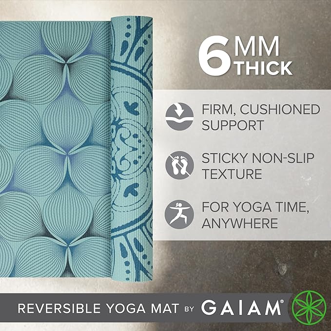 Gaiam Yoga Mat - Premium 6mm Print Reversible Extra Thick Non Slip Exercise & Fitness Mat for All Types of Yoga, Pilates & Floor Workouts (68" x 24" x 6mm Thick)-FlexoryFit