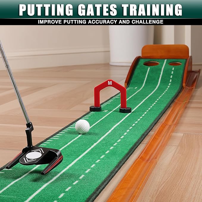 CHAMPKEY Dual-Hole Golf Putting Green Indoor with 3 Golf Putting Gates - Improves Putting Accuracy and Skill Levels Golf Putting Mat - Ideal for Indoor and Outdoor Training