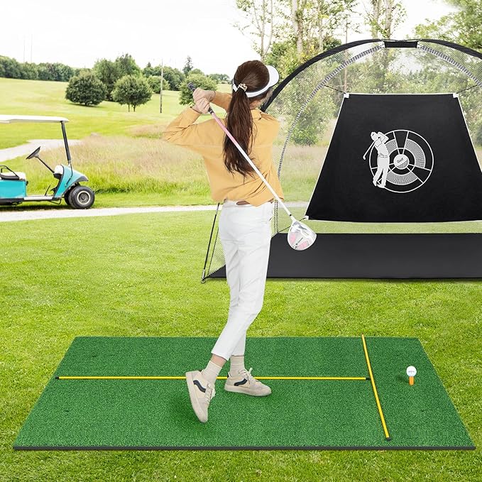 Tangkula Golf Hitting Mat, Artificial Turf Mat for Indoor/Outdoor Golf Practice Includes 2 Rubber Tees & 2 Alignment Sticks, Golf Training Mat for Home Backyard Garage