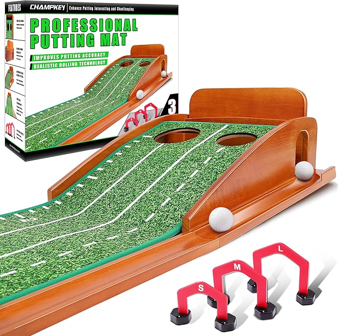 CHAMPKEY Premium Wooden Golf Mat with 3 Putting Gates - Realistic Putting Surface Simulates Green - Improve Accuracy