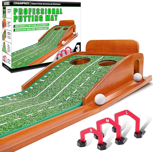 CHAMPKEY Premium Wooden Golf Mat with 3 Putting Gates - Realistic Putting Surface Simulates Green - Improve Accuracy