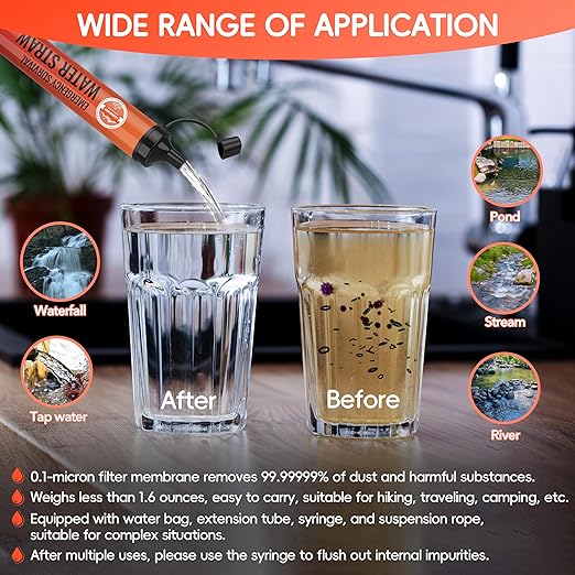 Water Filter Straw, Emergency Water Filtration System, Personal Water Purifier, Outdoor Survival Gear and Equipment for Hiking Camping Accessories Travel Fishing Emergency Preparedness (4PCS)