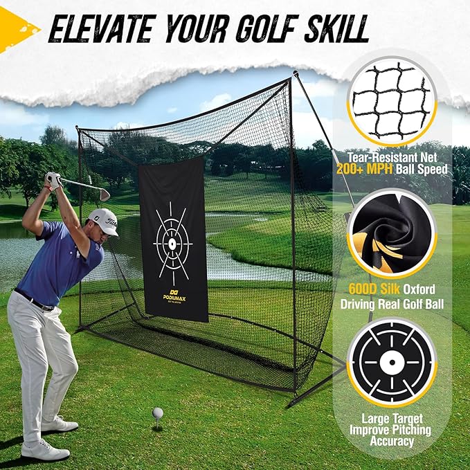 PodiuMax Golf Net, 10x7ft Golf Practice Net with Noise Reduce Silk Target Driving Real Balls, Hitting Nets for Backyard Garage, Improve Chipping Putting Pitching, Gift for Men & Golfers