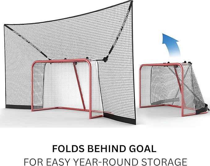 SmartBackstop for Hockey, Practice Smart®. Attaches Directly to Goal & Folds Away When not in use, 3 ft of Durable net Coverage on All Sides, fits All Regulation Hockey Goals