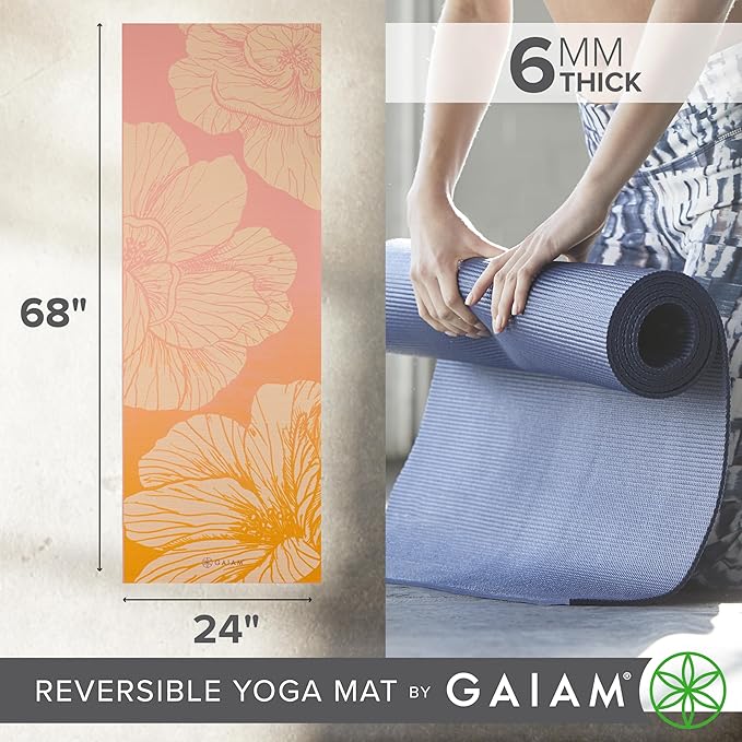 Gaiam Yoga Mat - Premium 6mm Print Reversible Extra Thick Non Slip Exercise & Fitness Mat for All Types of Yoga, Pilates & Floor Workouts (68" x 24" x 6mm Thick)-FlexoryFit