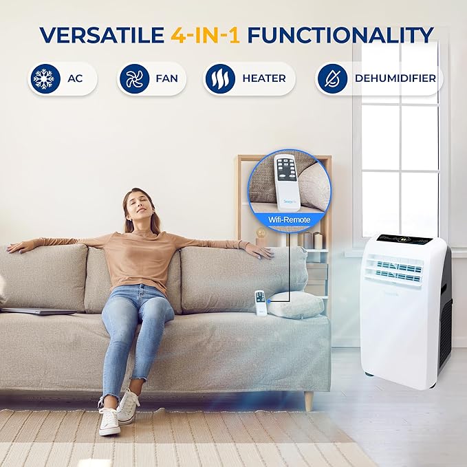 SereneLife Small Air Conditioner Portable 12,000 BTU with Built-in Dehumidifier + Heat - Portable AC unit for rooms up to 550 sq ft - Remote Control, Window Mount Exhaust Kit