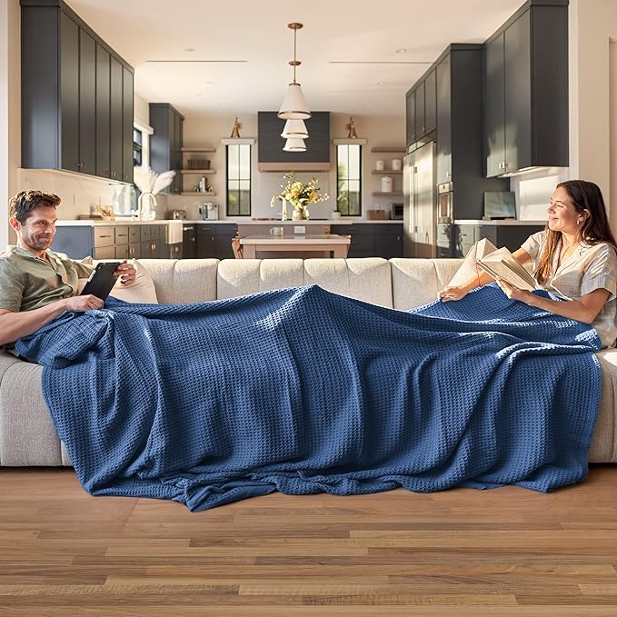 Bedsure 100% Cotton Blanket King Size for Bed - Breathable and Soft, Waffle Weave Blanket for Summer, Thick Cozy Fall Blankets for Women Gift, Navy, 104x90 inches