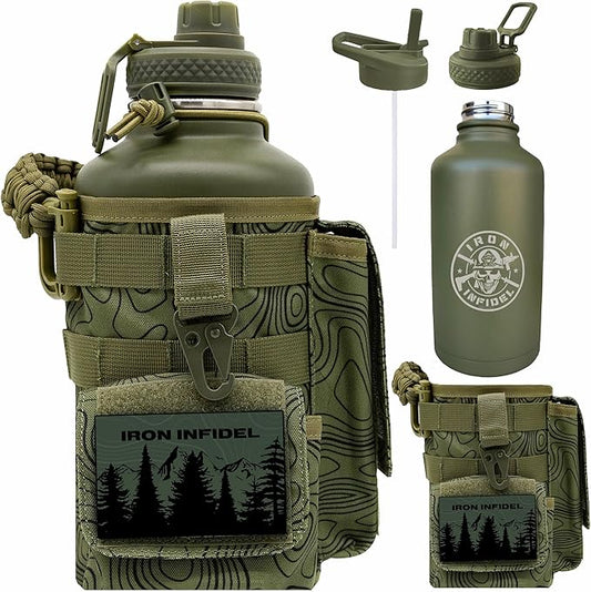 Iron Infidel Battle Bottle - Half Gallon Insulated Stainless Steel Water Jug with Handle - Gym Bottle for Men with Rugged Sleeve (Overland 2 Liter)-FlexoryFit