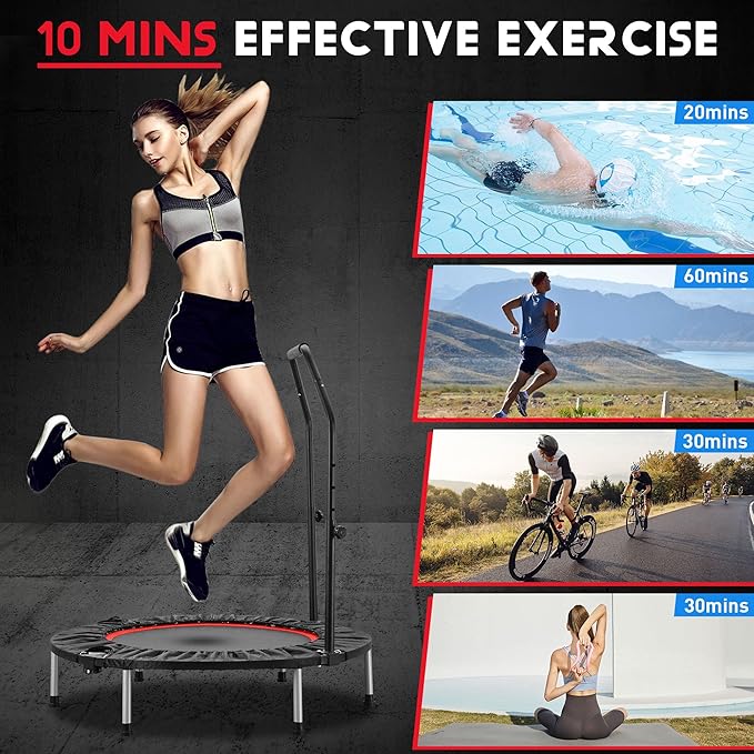 HYD-Parts 40" 48" Mini Trampoline for Adults and Kids Exercise Rebounder with Adjustable Bar Fitness Trampoline Indoor Max Load 330 440lbs-FlexoryFit