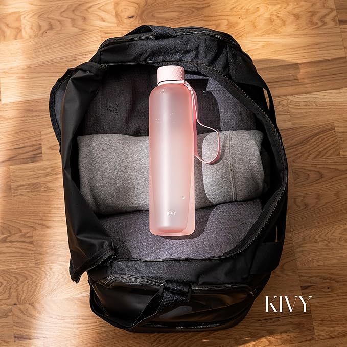 KIVY Slim Water Bottle 32oz [Lightweight & Shatterproof] Fits Backpack & Cupholder for Travel, Sports, School, Gym - Rose gold, Pink bottle no straw - Gym water bottle for women - Dishwasher Safe-FlexoryFit