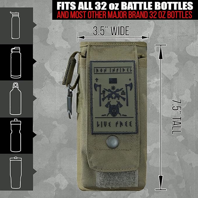 Iron InfideI Battle Bottle Sleeve - 64 oz and 32 oz Water Bottle Sleeve Only for Half Gallon 1L Steel Water Bottle | Rugged Cover with Molle for Versatile Design with Storage for Phone, Wallet & Keys-FlexoryFit