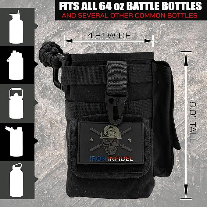 Iron InfideI Battle Bottle Sleeve - 64 oz and 32 oz Water Bottle Sleeve Only for Half Gallon 1L Steel Water Bottle | Rugged Cover with Molle for Versatile Design with Storage for Phone, Wallet & Keys-FlexoryFit