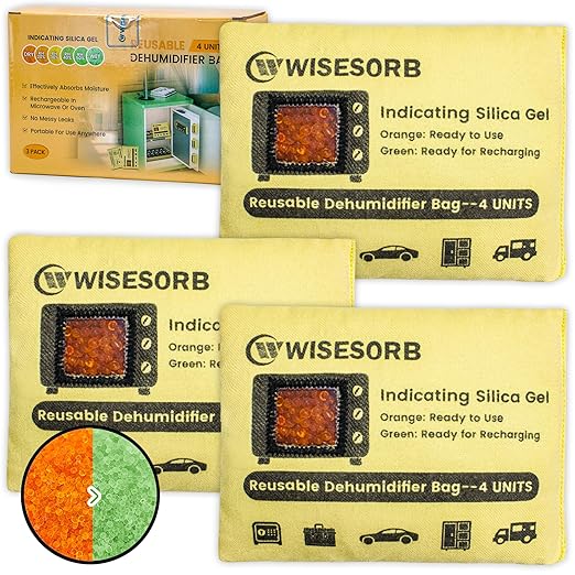 Rechargeable Gun Safe Dehumidifier, 3 Packs 4U Indicating Desiccant Packs with Transparent Window for Storage Reusable Silica Gel Packets Moisture Absorbers Safe Dehumidifier