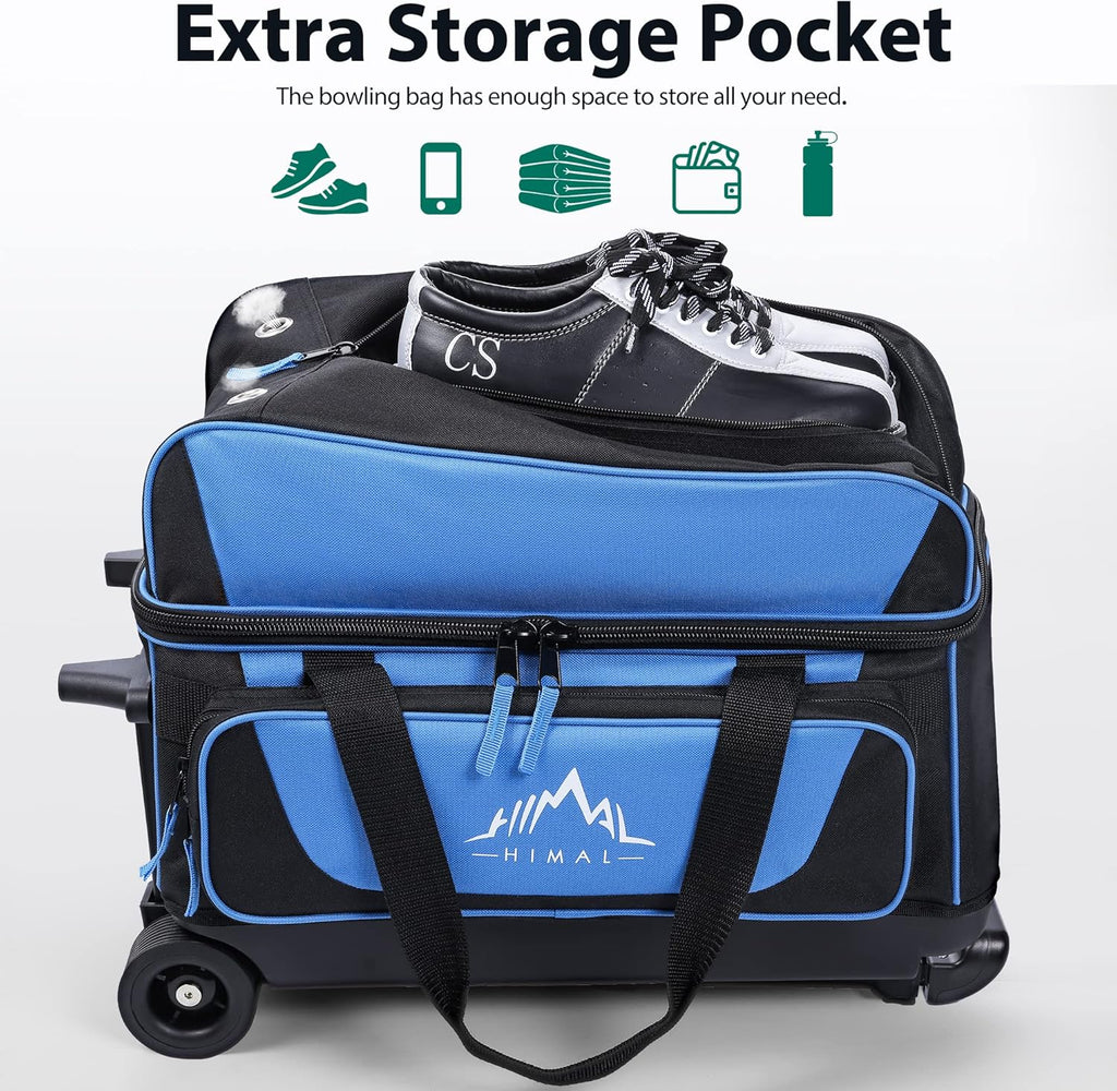 Double Roller 2 Ball Bowling Bag with Separate Shoe Compartment for Bowling Shoes (Up To US Mens Size 15) and Oversized Accessory Pocket, Retractable Handle - Extends to 40"