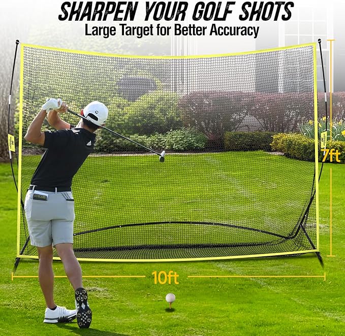 PodiuMax Golf Net, 10x7ft Golf Practice Net with Noise Reduce Silk Target Driving Real Balls, Hitting Nets for Backyard Garage, Improve Chipping Putting Pitching, Gift for Men & Golfers
