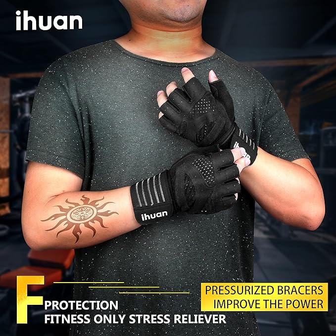 ihuan Ventilated Weight Lifting Gym Workout Gloves with Wrist Wrap Support for Men & Women, Full Palm Protection, for Weightlifting, Training, Fitness, Hanging, Pull ups-FlexoryFit