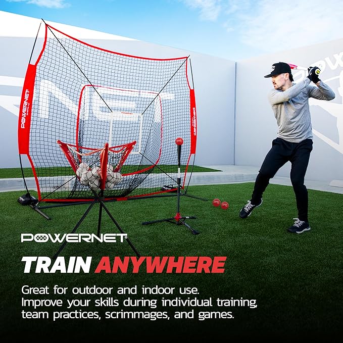 PowerNet Baseball Softball Practice Net 7x7 with Baseball Accessories for Practice Pitching, Batting & Fielding, Ball Caddy, Weighted Baseballs, Tee