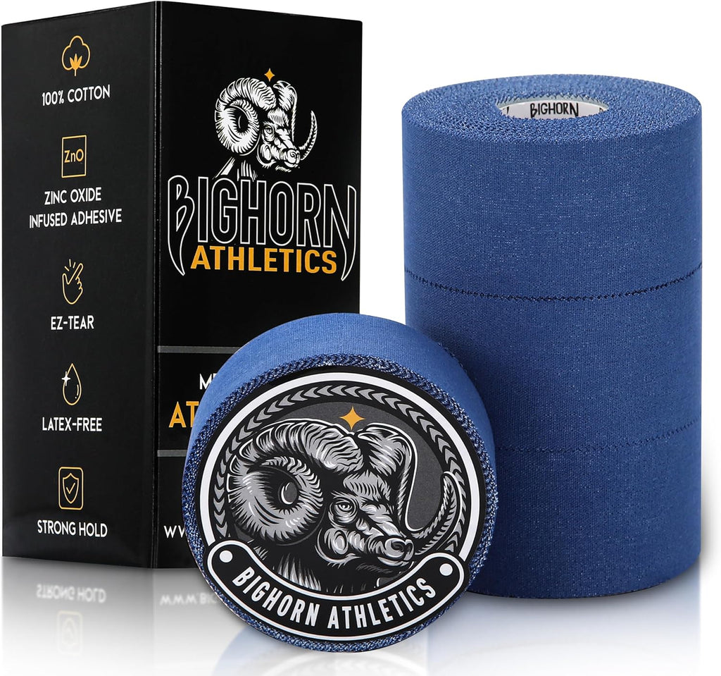 Bighorn Athletics Sports Tape | EZ-Tear Blue Athletic Tape for Wrist, Ankle & Foot Support | Zinc Oxide Infused & Latex-Free Adhesive, Breathable Cotton Fabric, 1.5-Inch x 45-Feet, 4 Rolls, Blue