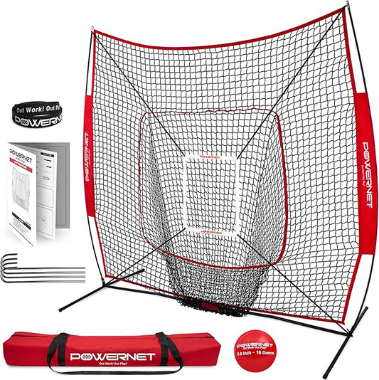 PowerNet Baseball Softball Practice Net 7x7 with Baseball Accessories for Practice Pitching, Batting & Fielding, Ball Caddy, Weighted Baseballs, Tee