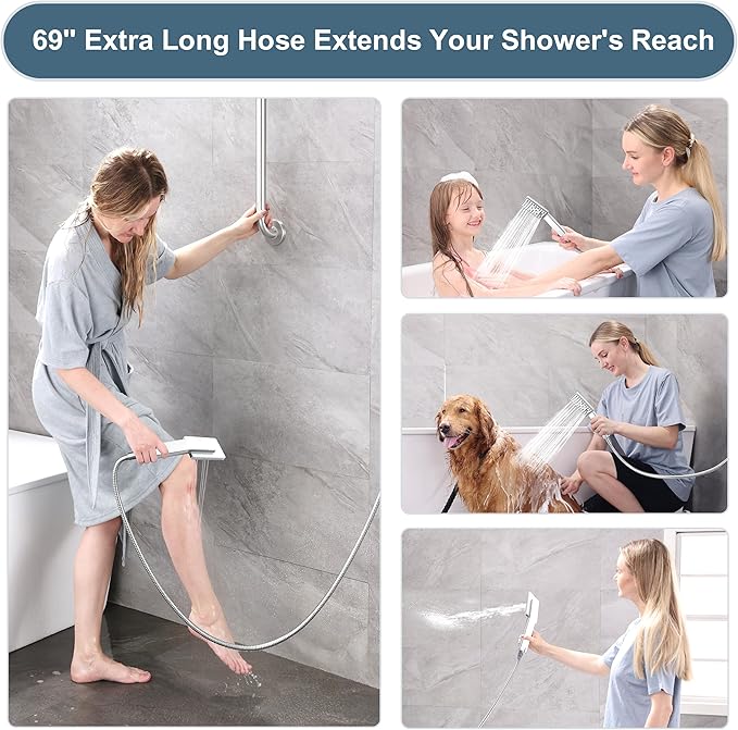 BRIGHT SHOWERS High Pressure Rain Shower Head Combo with Double Extension Arm, 8 Inch Rainfall Shower Head with Handheld Spray, Height Adjustable Dual Square Showerhead Set, Chrome