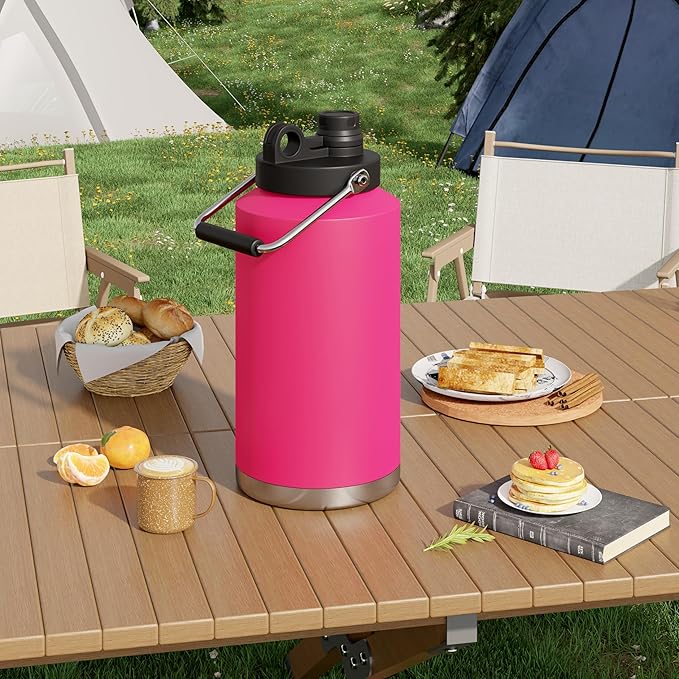 Kerilyn Insulated Gallon Jug with Handle, One Gallon, 128oz Stainless Steel, Large Double Vacuum Water Bottle for Hot & Cold Drinks, Wide Mouth, Sweat Proof, Great for Travel, Camping, Pink-FlexoryFit