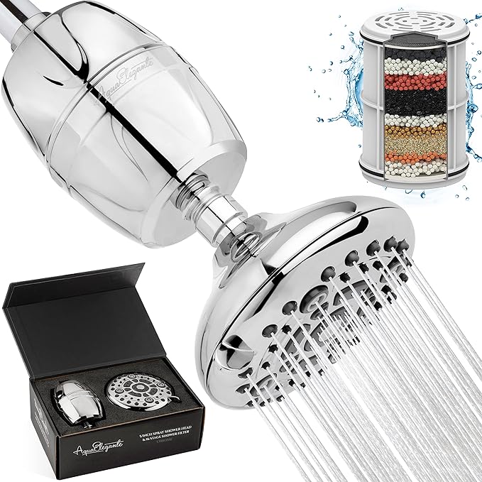 Aqua Elegante High Pressure Shower Head & Filter - Adjustable Water Saving Showerhead For Low Flow Showers With Bath Filters To Remove Chlorine + Hard Minerals, 1.8 GPM - Chrome & California Certified