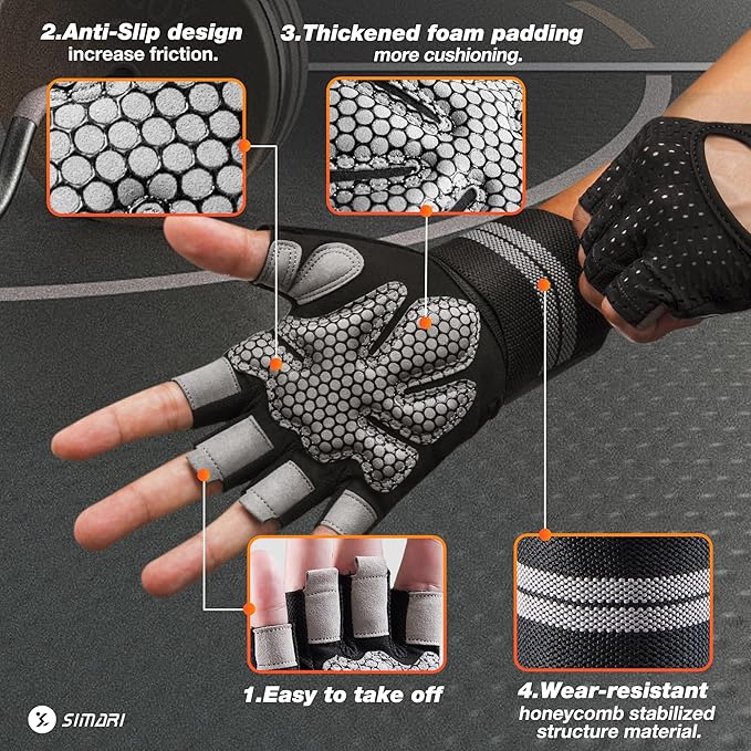 SIMARI Breathable Workout Gloves for Men Women, Padded Weight Lifting Gloves with Wrist Wraps Support, Full Palm Protection, Grip for Gym Training, Fitness, Weightlifting, Exercise Fingerless Black-FlexoryFit