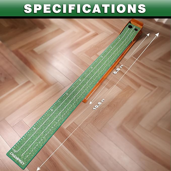 CHAMPKEY Premium Wooden Golf Mat with 3 Putting Gates - Realistic Putting Surface Simulates Green - Improve Accuracy