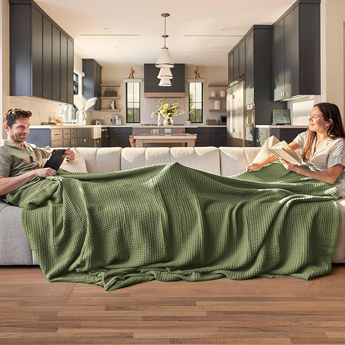 Bedsure 100% Cotton Large Throw Blanket for Couch 50x70 inches - Breathable and Soft, Waffle Weave Throw Blanket for Office, Olive Green