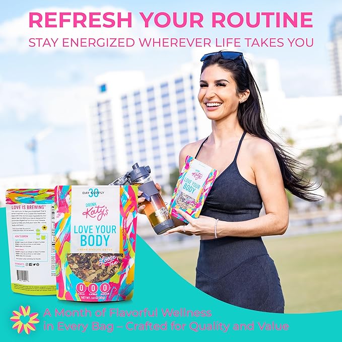 Katy’s Love Your Body Detox Tea | Green Tea, Ginger & Cinnamon | Lightly Caffeinated Herbal Wellness Blend | Crème Brûlée Flavor | Smooth & Comforting | 30+ Cups | Woman-Owned | 2.25oz Pouch-FlexoryFit