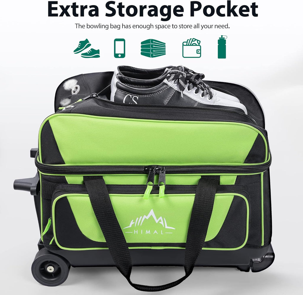 Double Roller 2 Ball Bowling Bag with Separate Shoe Compartment for Bowling Shoes (Up To US Mens Size 15) and Oversized Accessory Pocket, Retractable Handle - Extends to 40"