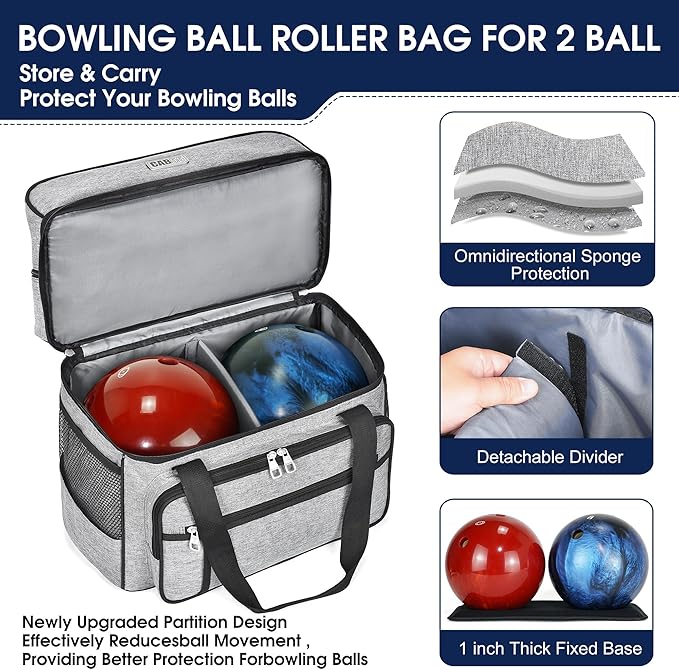 CAB55 2 Ball Bowling Bag with 4 Wheels, Double Bowling Ball Bag with Separate Shoe Compartment, (Up To US Men Size 16), and Multiple Multifunctional Accessory Pockets-FlexoryFit