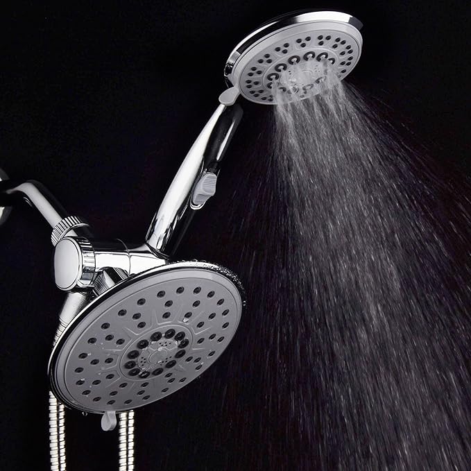 30-Setting 6 Inch Rain Shower Head with Handheld Shower Combo featuring Patented ON/OFF Pause Switch by Hydroluxe - Use Each Showerhead Separately or Both Together! Premium Chrome Finish