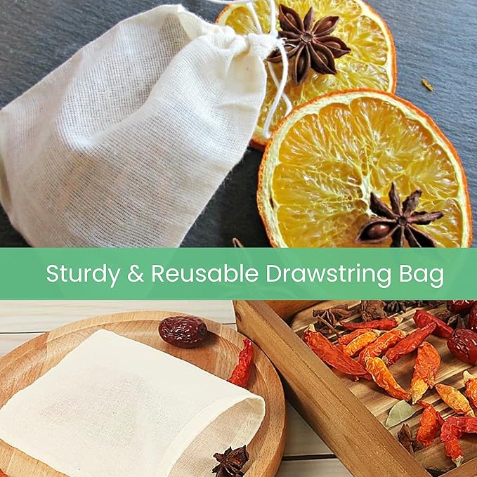 Spice bag | Muslin Bags with Drawstring, Reusable Tea Bags| Spice Bags for Cooking Soup/Herb/Loose Leaf Tea| Gift Bag Jewelry Pouch Bag| Natural Cotton Cheese Cloth Bag for Straining| 30 Pieces 3"x4"