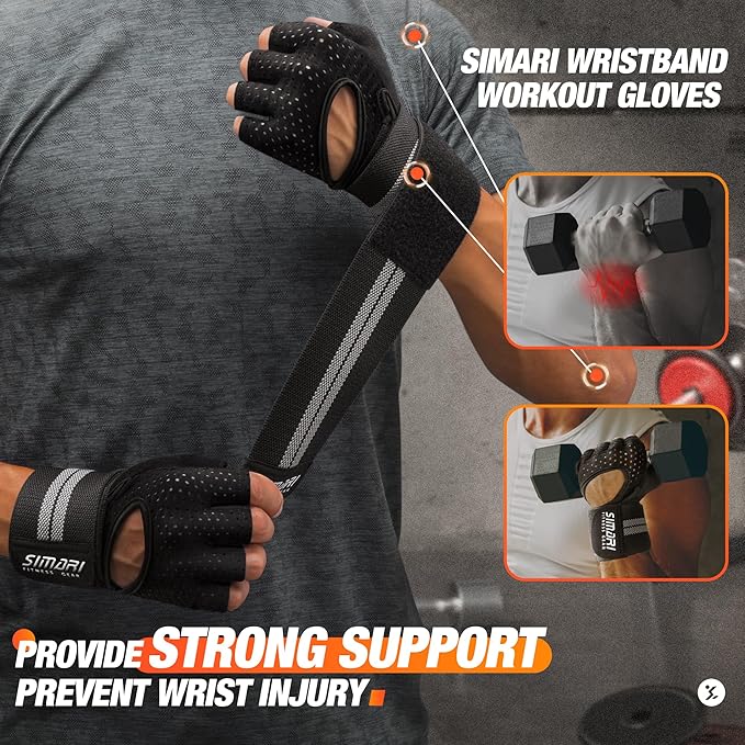 SIMARI Breathable Workout Gloves for Men Women, Padded Weight Lifting Gloves with Wrist Wraps Support, Full Palm Protection, Grip for Gym Training, Fitness, Weightlifting, Exercise Fingerless Black-FlexoryFit